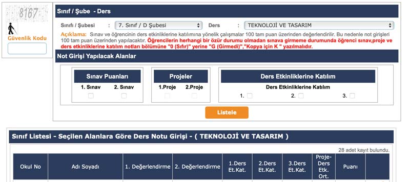 teknoloji tasarım e okul not verme